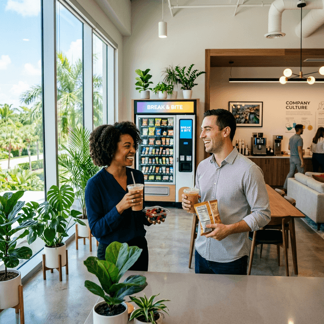 Professionals using a modern breakroom snack and beverage area